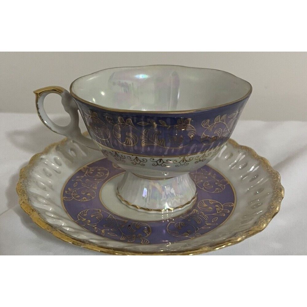 Vintage KPM Japan Lusterware Periwinkle Footed Tea Cup and‎ Saucer Luminous - Picture 4 of 7